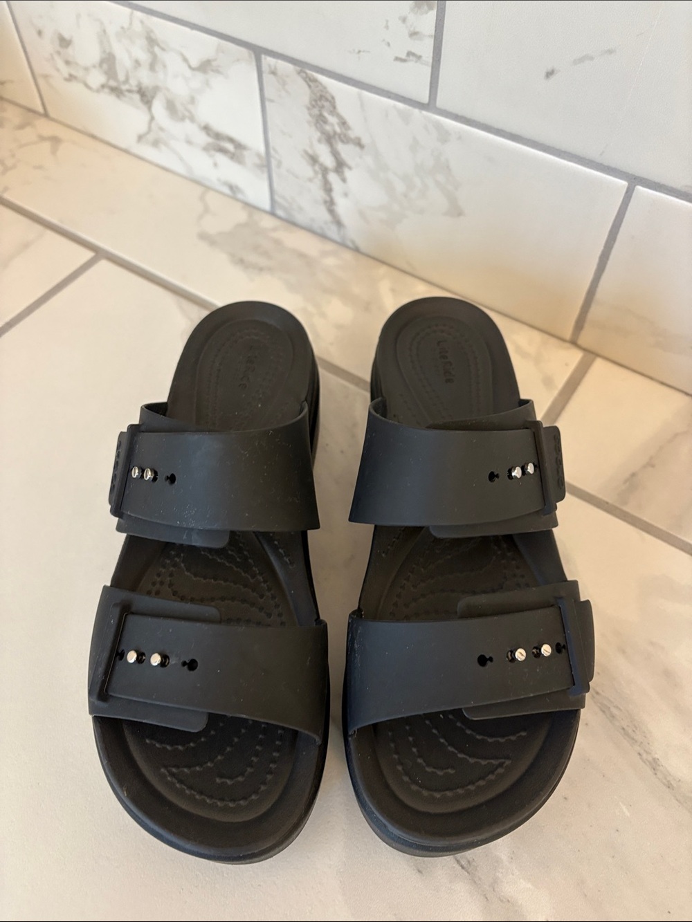 CROCS Black Platform Dual-Strap Slide Sandals - Picture 2 of 4